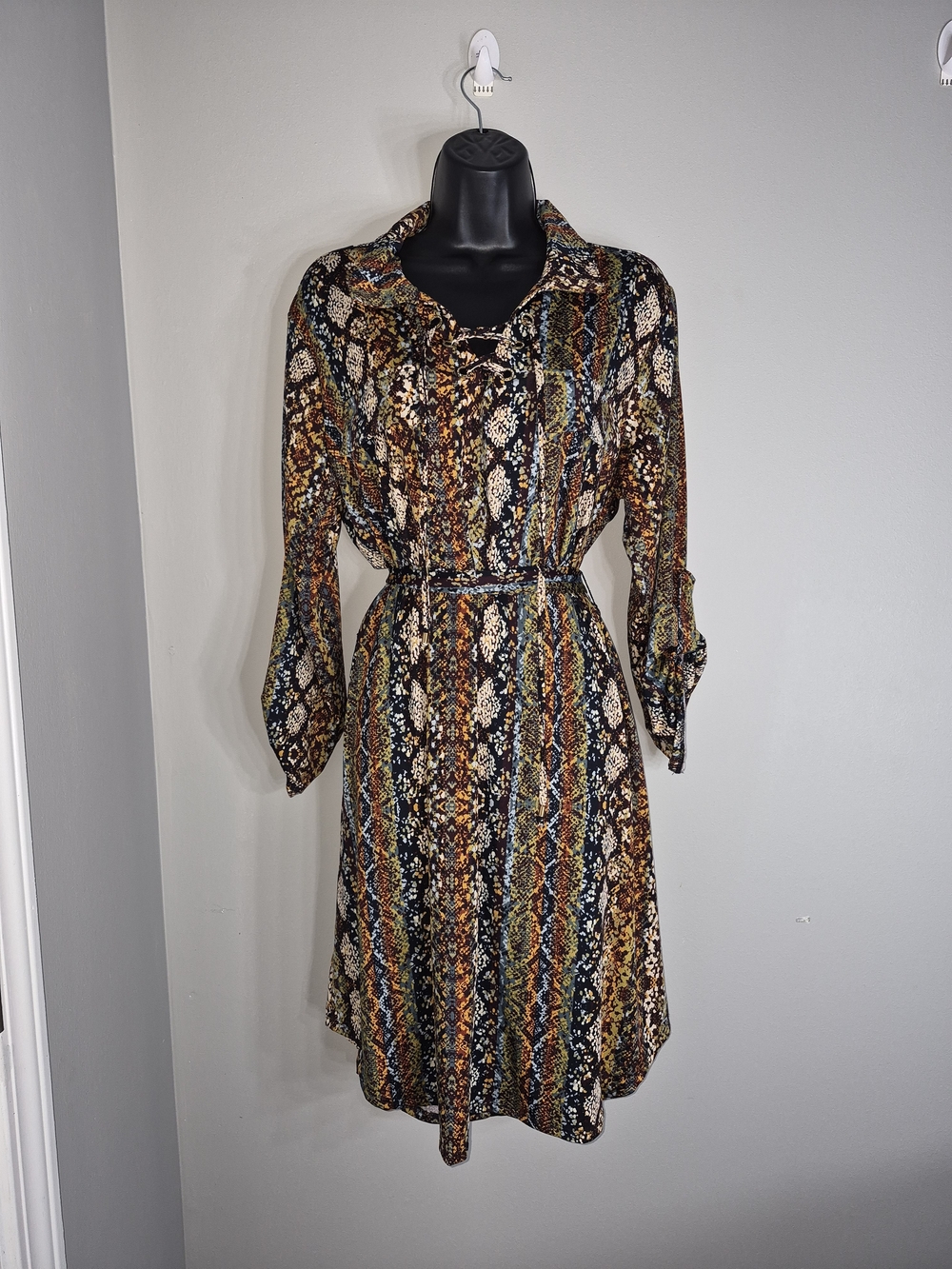 NY Collection Multicolor Snake-Print Long Sleeve Shirt Dress